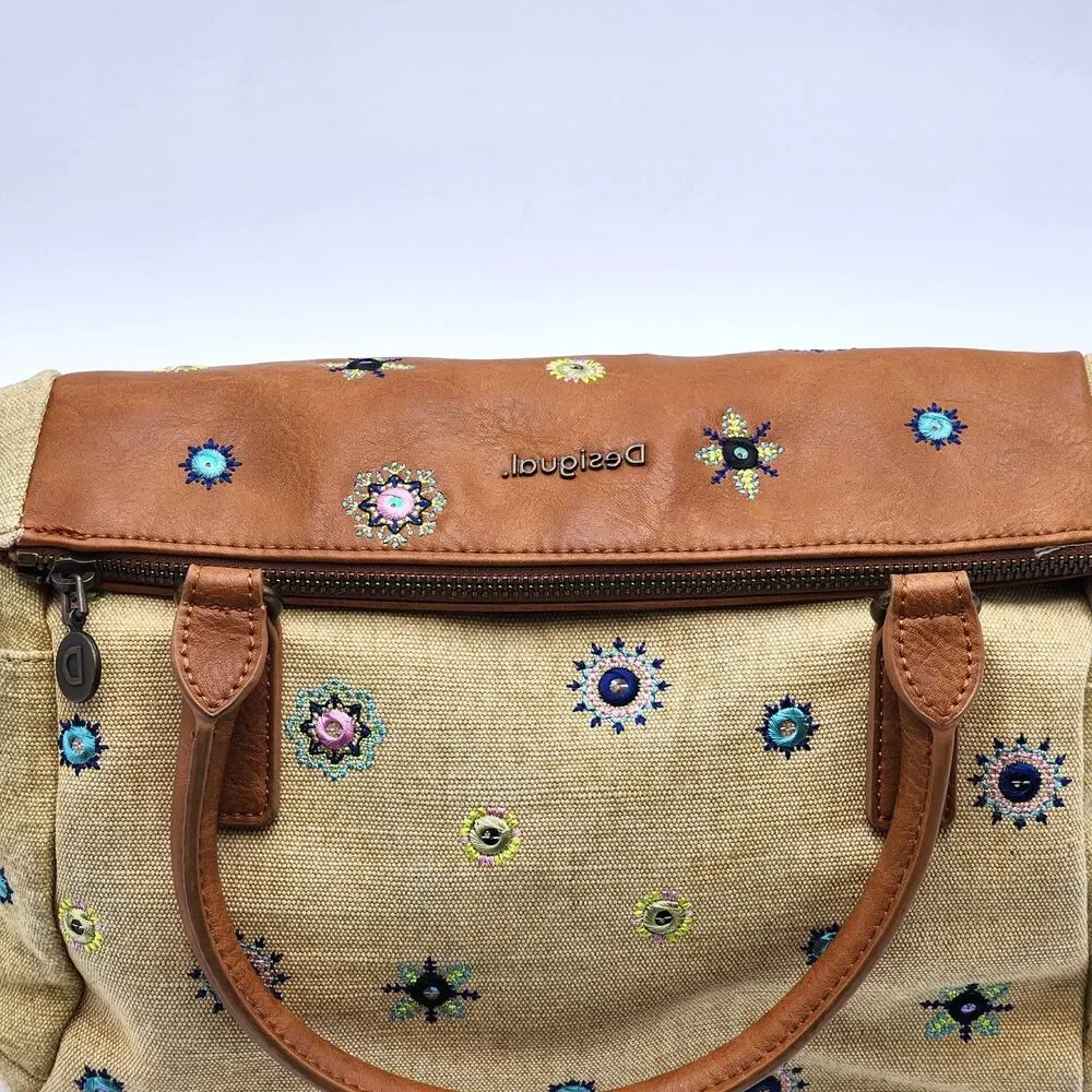 Desigual Mandalas Embroidered Julietta Loverty Canvas Satchel Bag Tan Brown HTF
